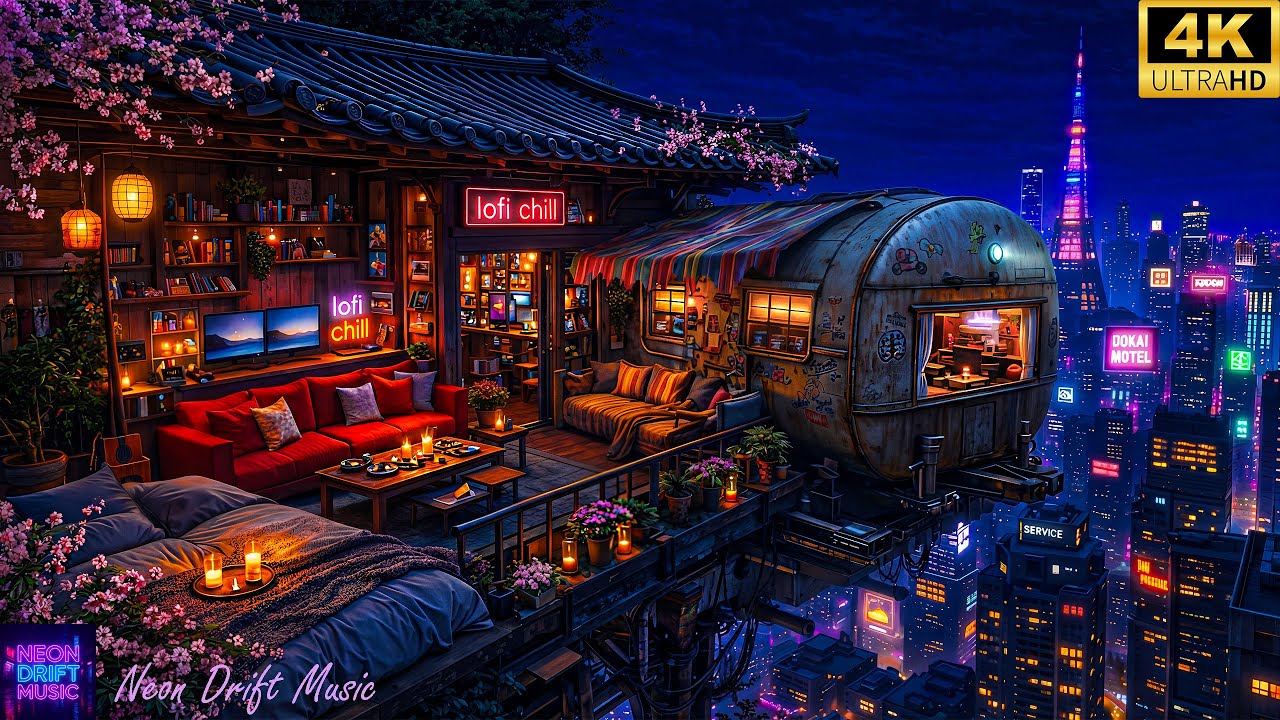 Cozy Cyberpunk Balcony Night 🌧️Relaxing Lo-fi Chill Beats for Study, Work & Late Night Focus|4K Calm
