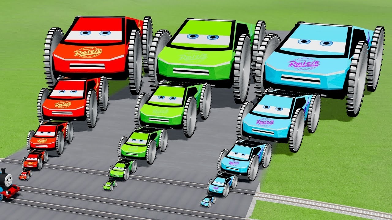 Big & Small Red & Green & Blue Cybertruck McQueen With Saw wheels VS Thomas The Train | BeamNG.drive