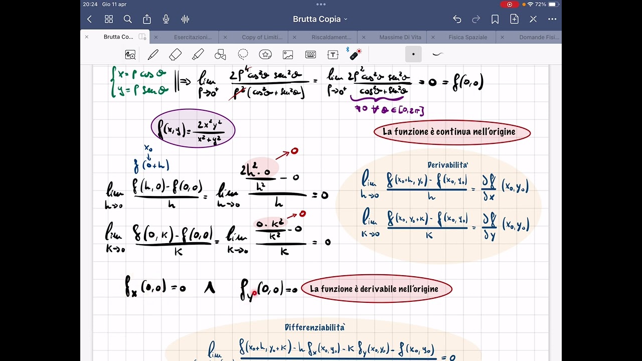 Continuità, derivabilita’ e differenziabilita’ di una funzione in due variabili. Esercizio
