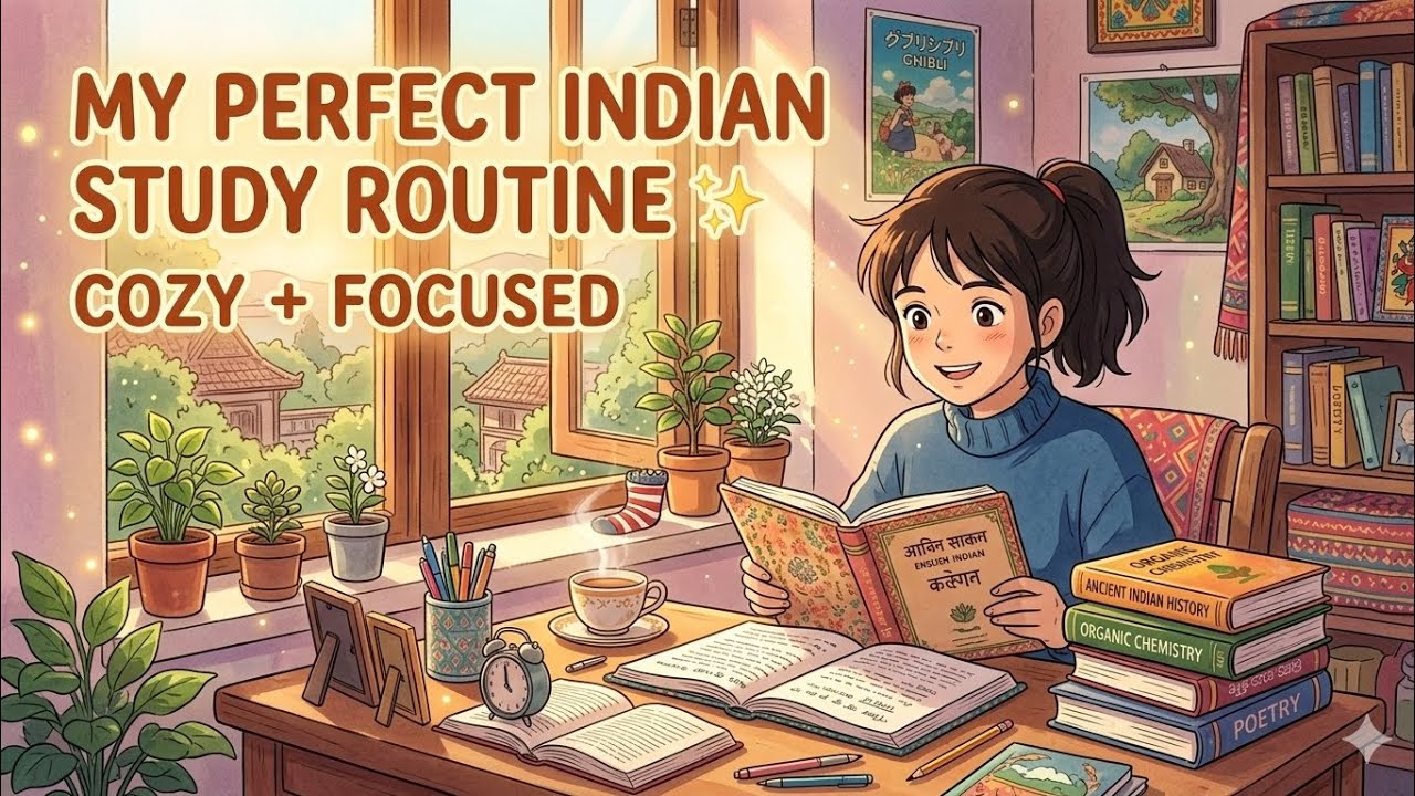 Ghibli Style Indian College Girl Daily Routine 🌸 | Study, Yoga, Skincare, Cooking & Library Life