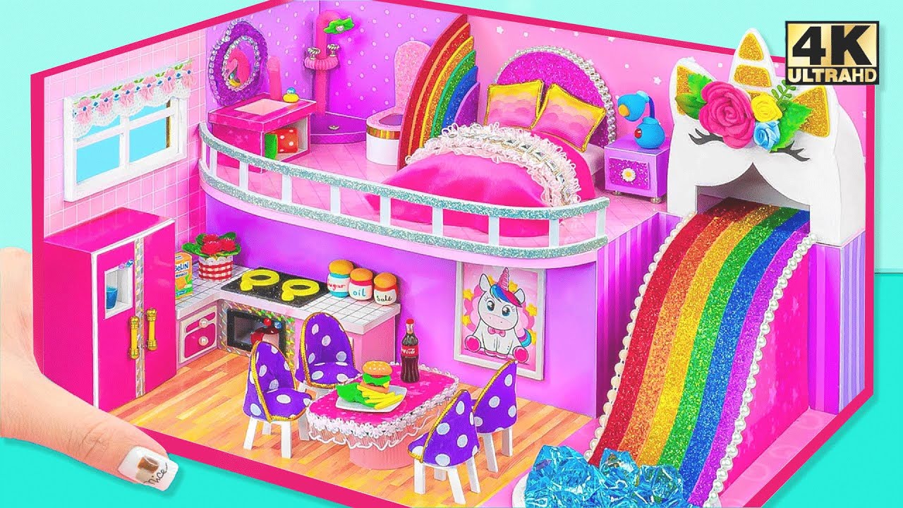 DIY Unicorn Mini House with Rainbow Slide, Bedroom & Cute Kitchen 🌈🦄  Miniature Dollhouse Craft