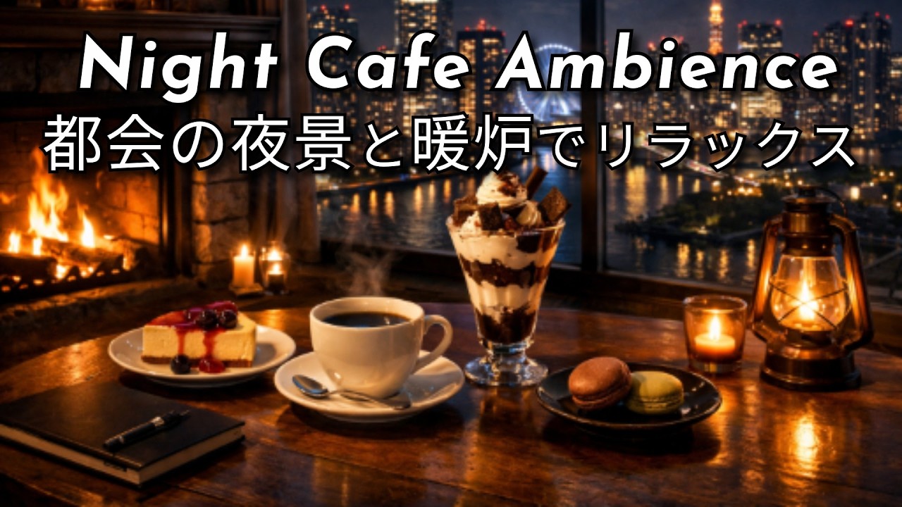【カフェBGM】Night Cafe Ambience ☕ Relaxing BGM with City Night View & Fireplace | 夜カフェBGM ☕