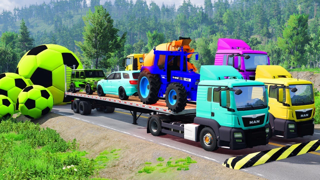 Triple Flatbed Trailer McQueen Transportation with Truck - Speedbumps vs Cars vs Train - BeamNG #9