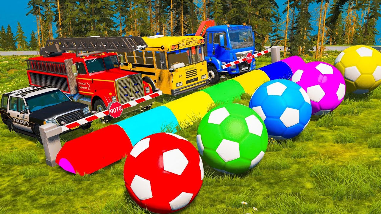 Double Flatbed Trailer Tractor rescue Bus - Cars Racing - Train transporting Cars
