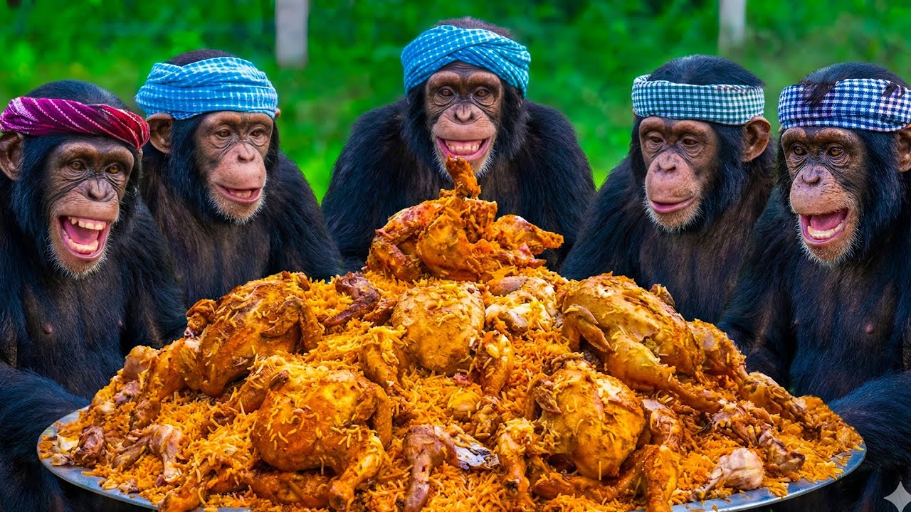 Crazy Chimpanzees Cook Chicken Biryani in Jungle | Realistic Cooking & Fun Party