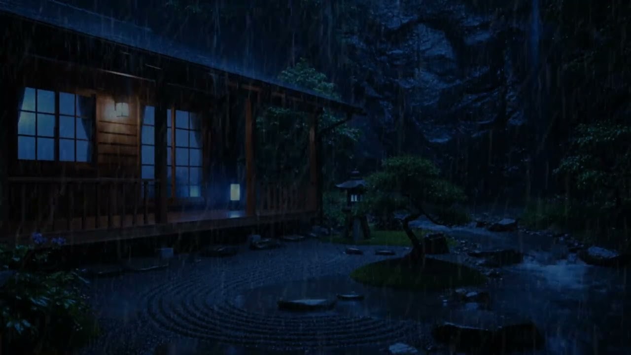 Fall Asleep Instantly 🌙 Torrential Night Rain on Forest Cabin & Zen Garden Stream