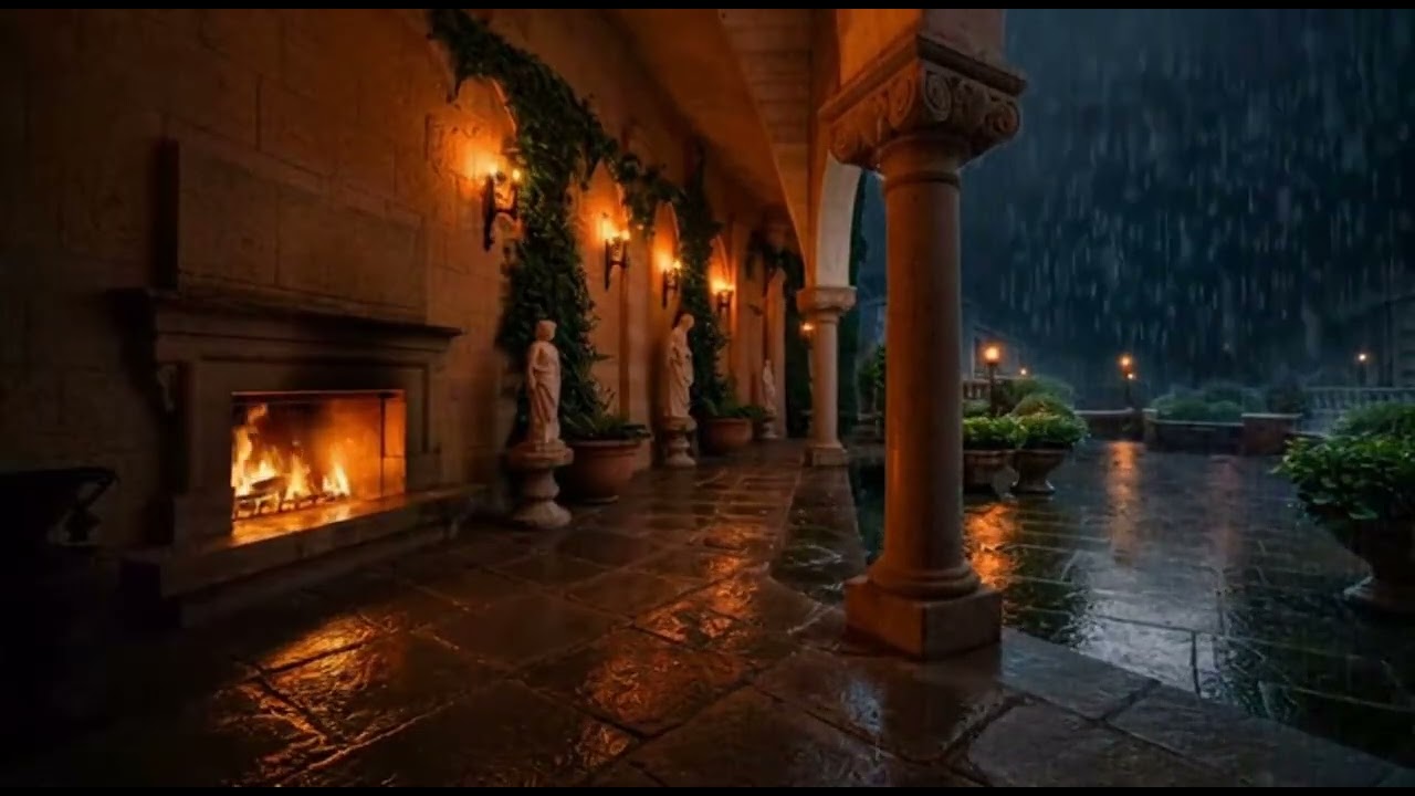 Medieval Corridor with Woodburning Fireplace🌩️🔥Rainy Night by the Fire in Medieval Corridor