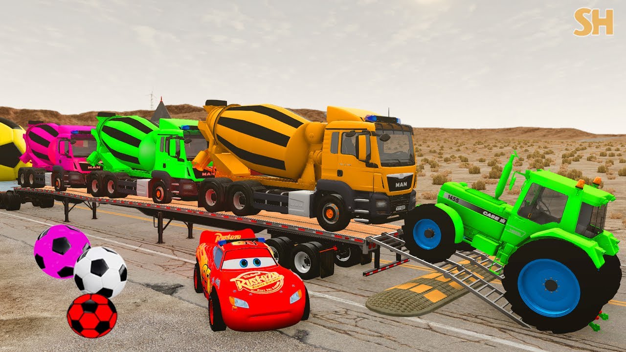 TRANSPORTING PIXAR CARS & FRUITS WITH COLORED & JOHN DEERE vs CLAAS vs TRACTORS - BeamNG.drive #983