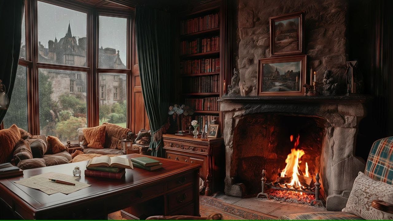 🌧️ “Rainy Day in the Old Study | Cozy Fireplace, Gentle Storm & Calm Focus Ambience 🔥📚”