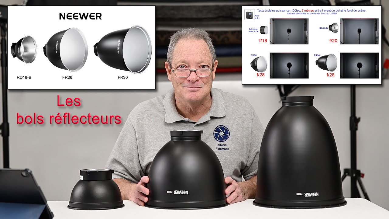 Les bols réflecteurs Neewer modèles RD18-D, FR26 et RF30 à monture Bowens pour flashs.