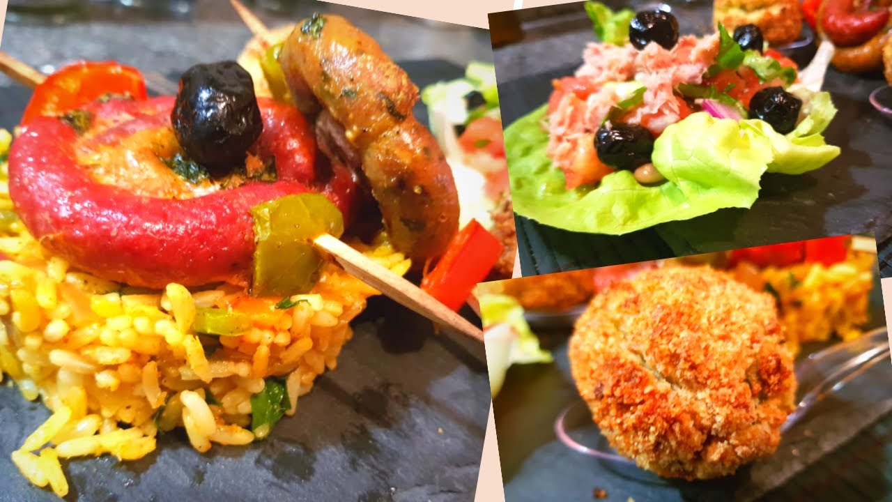 Brochettes de saucisses grillées et salade pour barbicue صوسيص أو نقانق مشوية مرافقة لسطلة مشكلة