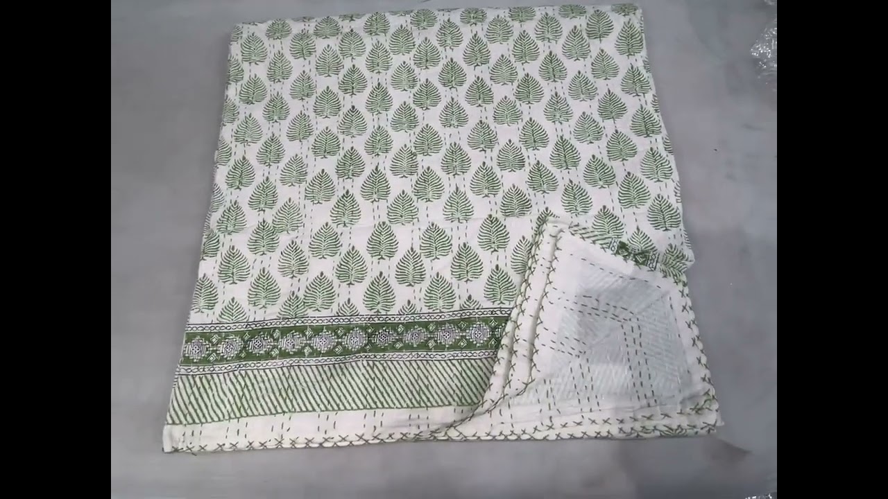 Green Kantha Quilt: Handmade Indian Block Print Cotton Bedspread.