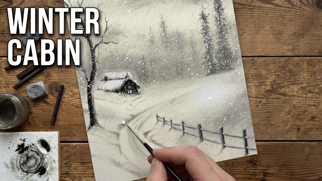 Simple Winter Landscape Drawing: Snowy Cabin & Trees Tutorial | Charcoal & Acrylic Art for Beginners