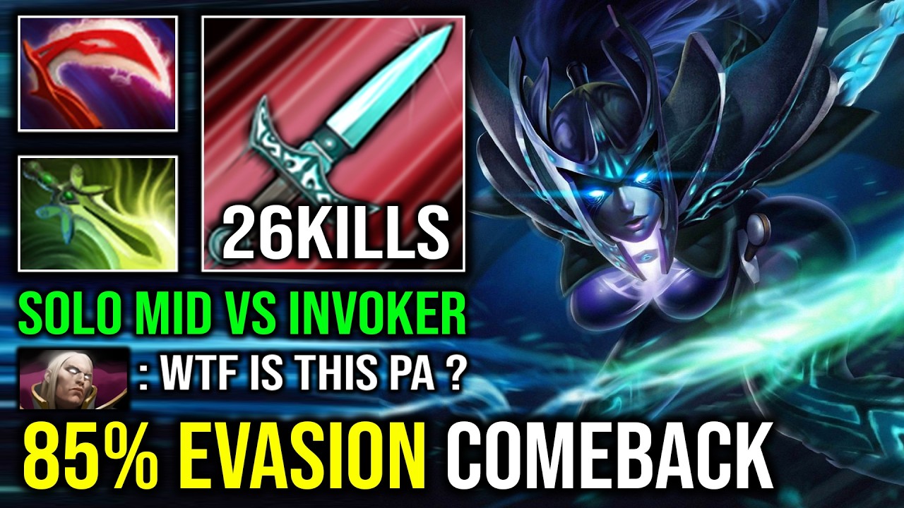 WTF 85% EVASION Comeback Solo Mid PA Against Invoker with 1 Shot Max Speed Unlimited Crit Dota 2