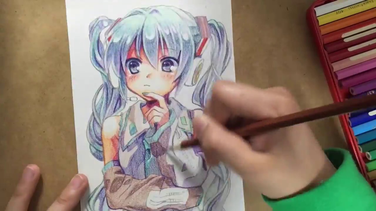 シャーペンと24色セットの色鉛筆で初音ミクを描いてみた(byもじゃクッキー)