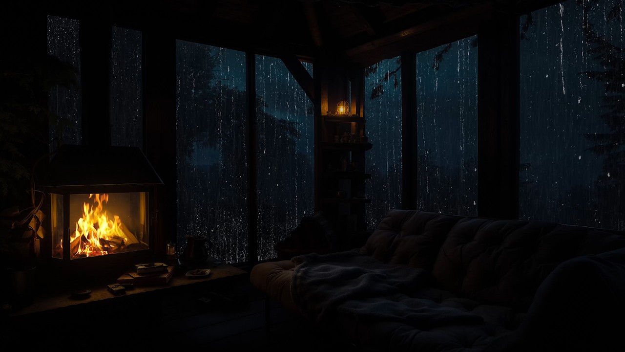 Cabin Corner with Fireplace and Rain Outside | Peaceful Night Rain Ambience for Sleep