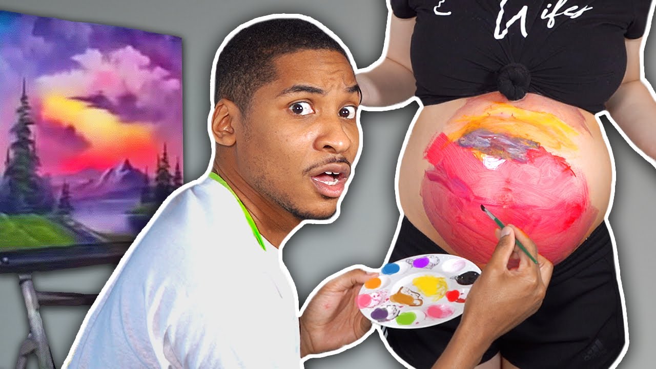 Husband Paints Bob Ross Painting on my Pregnant Belly