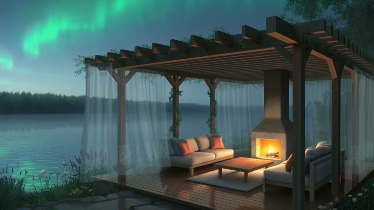 Northern Lights Fireplace Lounge | Cozy Lakeside Night Ambience | Background Ambience