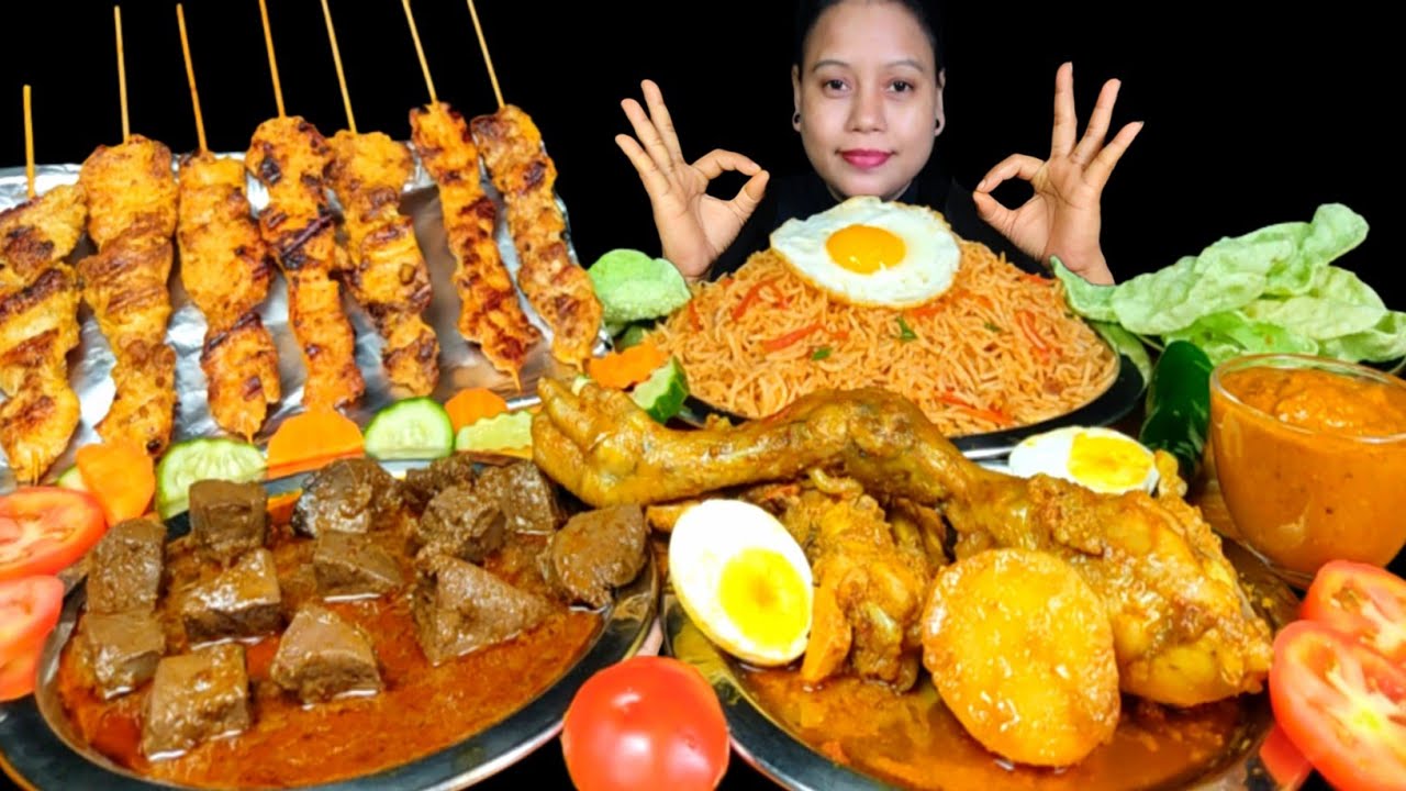 ASMR EATING SPICY MUTTON LIVER CURRY AND FRIED RICE | DAK BUNGALOW CHICKEN & CHICKEN SATAY MUKBANG