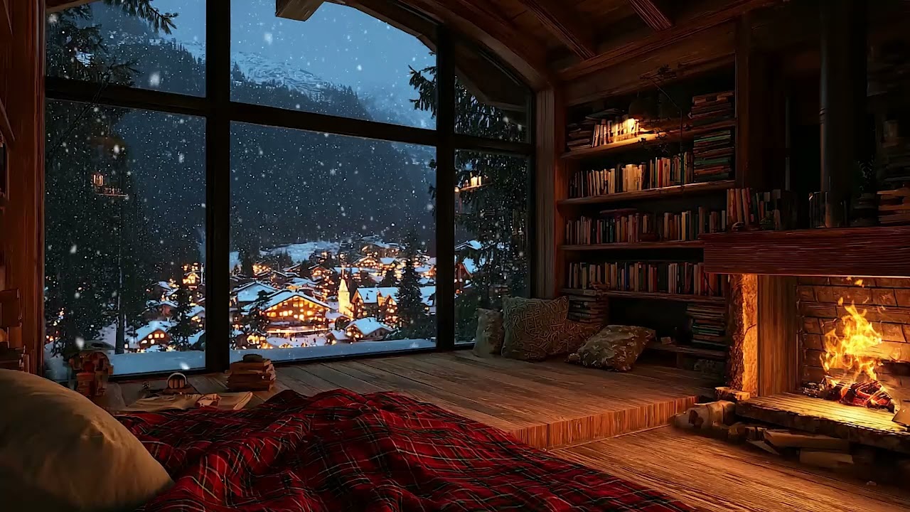 Snowy Cabin Ambience at Night ❄️ | Warm Fireplace, Howling Wind & Peaceful Sleep Sounds