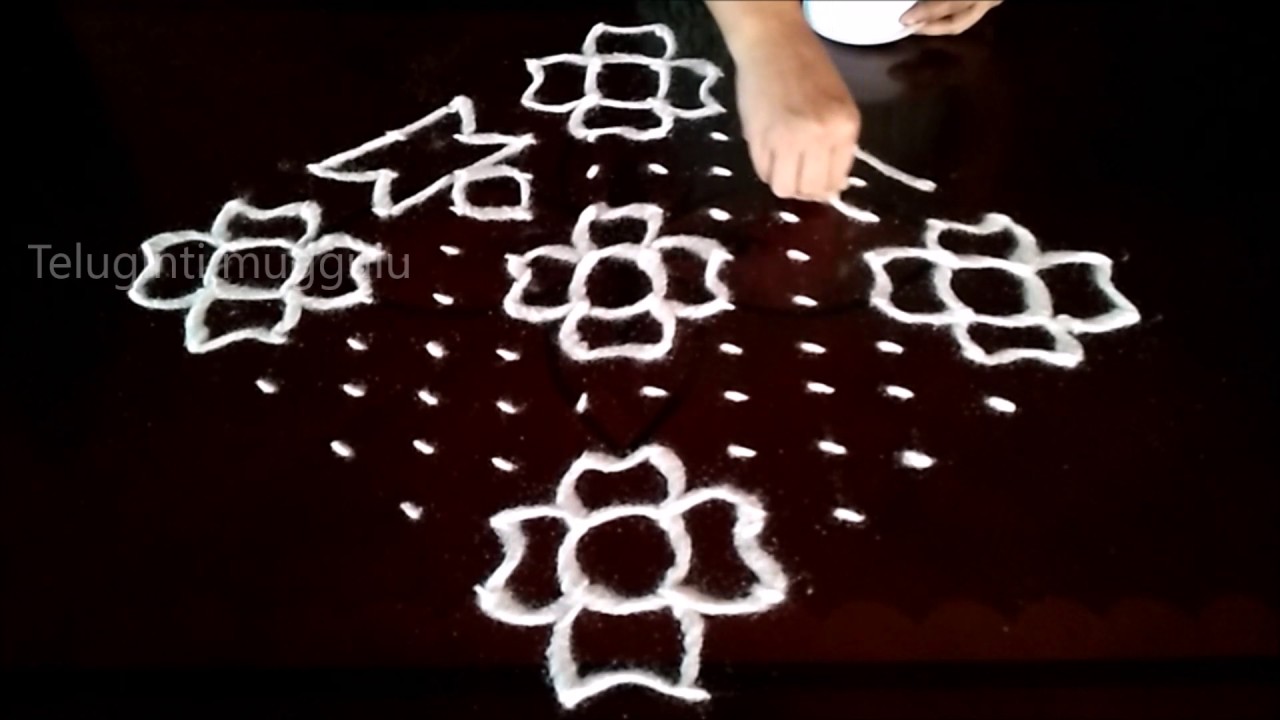 Simple  flowers kolam designs with14 -2-2 straight | chukkala muggulu with dots| rangoli design