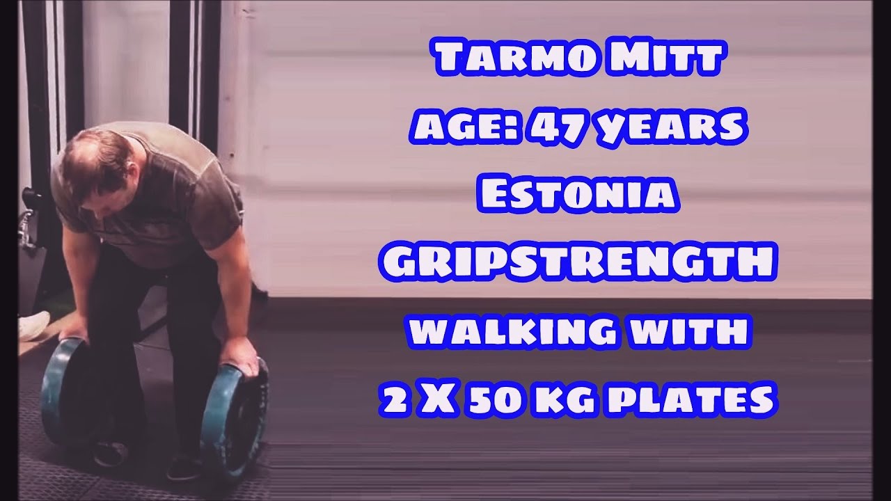 Tarmo Mitt (age: 47 years) from Estonia: GRIPSTRENGTH walking with 2 X 50 kg plates.