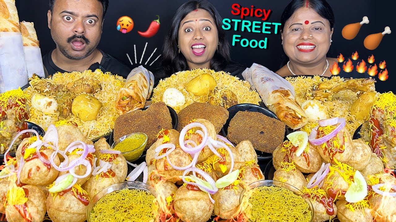 EATING SPICY STREET FOOD CHALLENGE CHICKEN BIRIYANI, FISH FRY, EGG ROLL, FUCHKA MUKBANG PUNISHMENT
