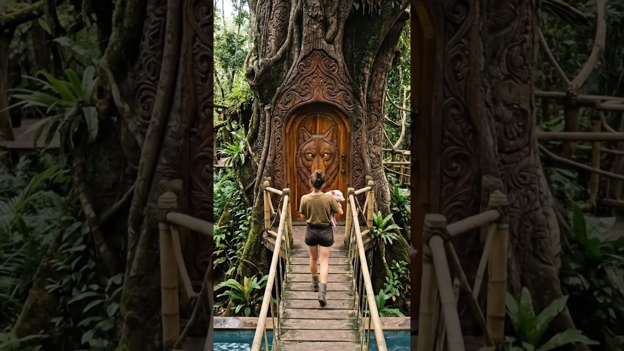 Hiding from a pack of WOLVES in a tree shelter! 🌲🐺 #wood #bamboo