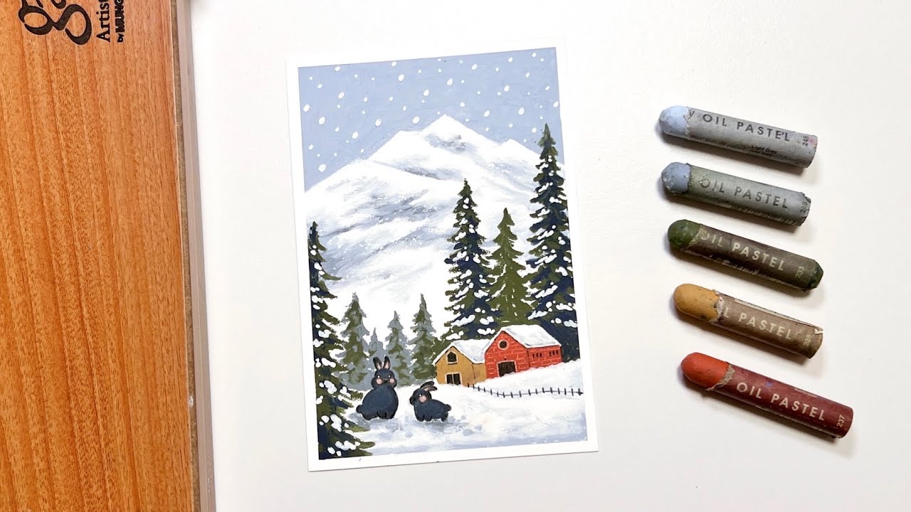 오일파스텔 드로잉, 흑토끼가 있는 겨울 풍경🐰☃️ | Oil pastel Drawing for beginner