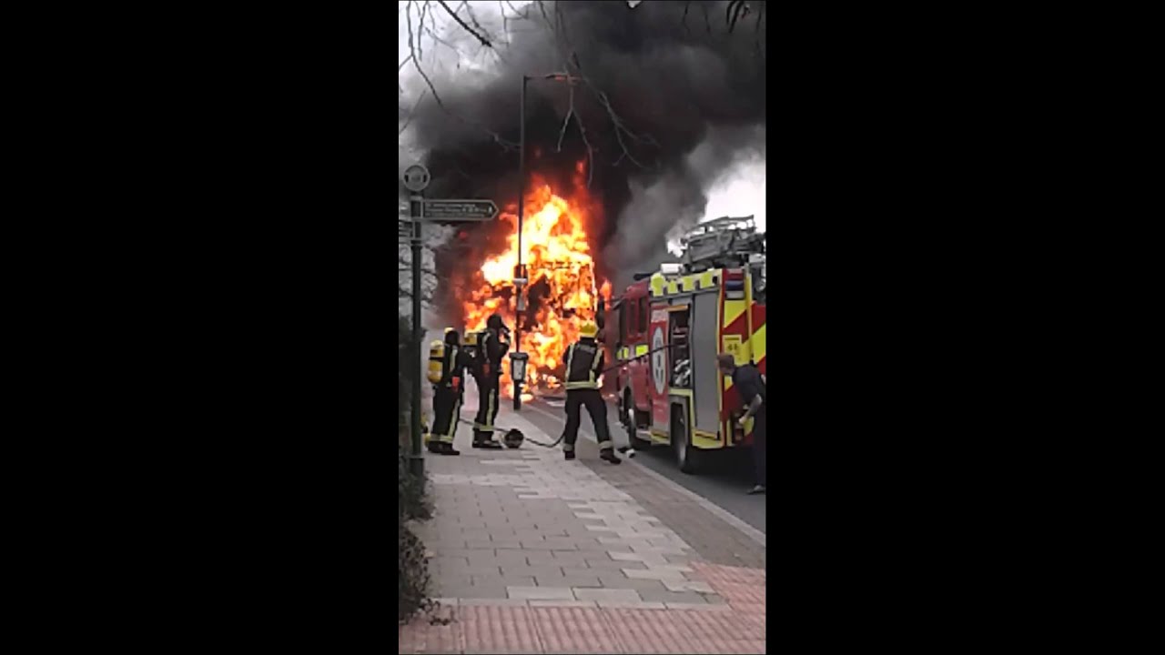 London fire brigade arriving at bus fire forest hill