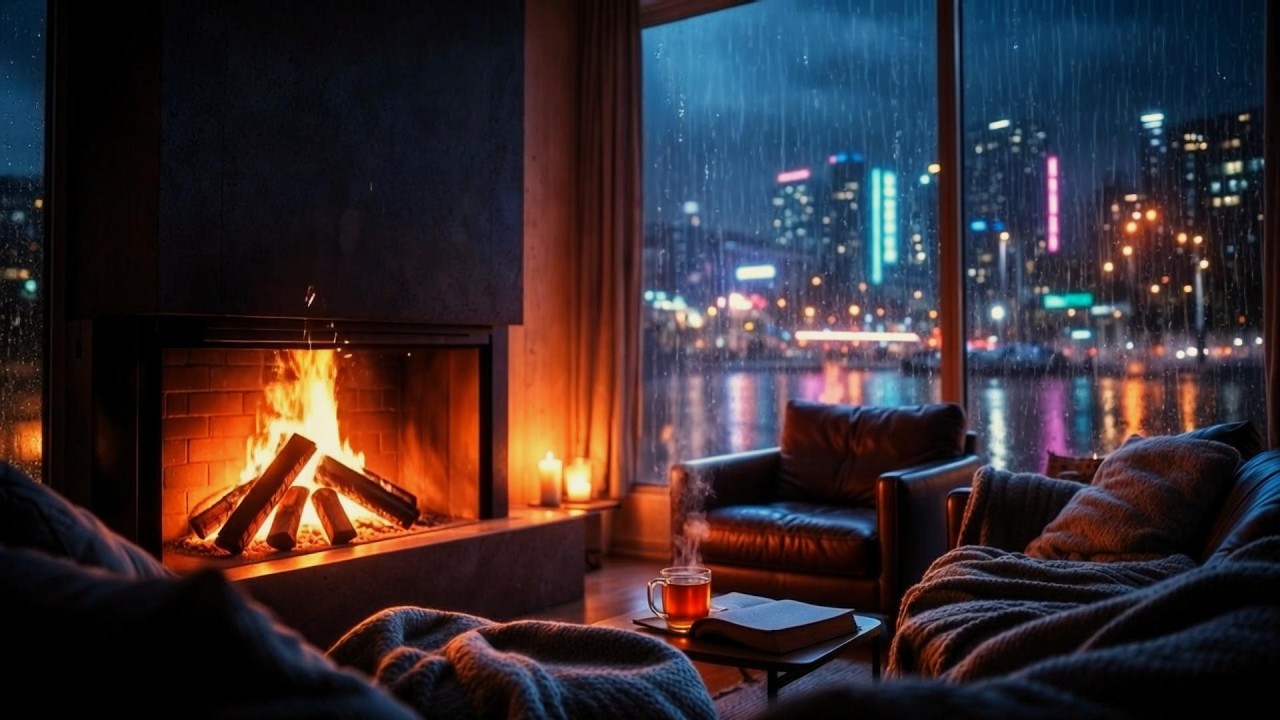 Heavy Rain for Deep Sleep | City View Thunderstorm, Rain & Fireplace Ambience 3 Hours