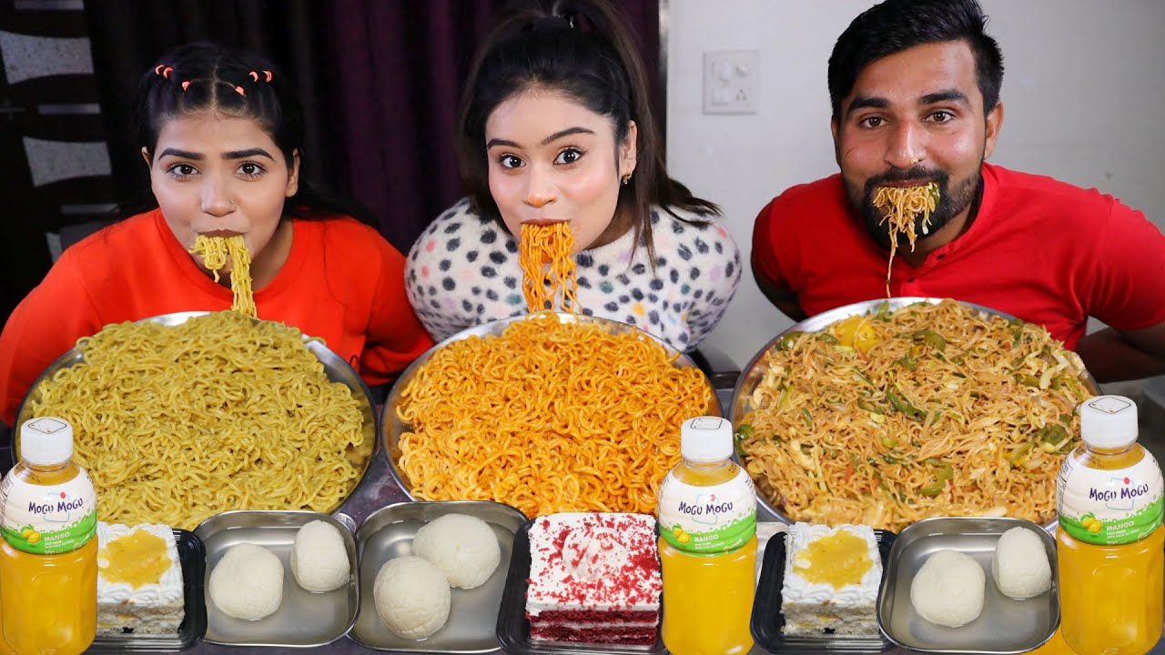 NO HAND ✋EATING CHALLENGE | Spicy Korean Noodles🔥, Maggi, Hakka Noodles, Pastry, Mango Juice etc..