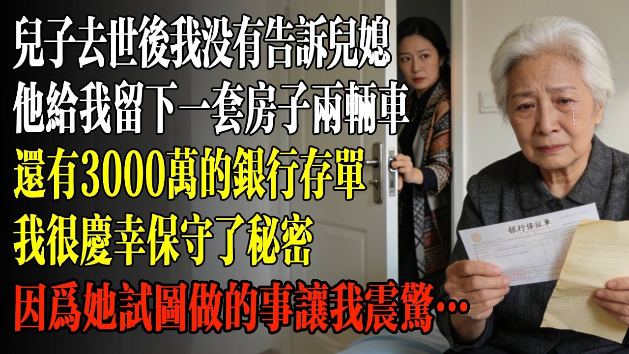 兒子去世後我沒有告訴兒媳，他給我留下一套房子兩輛車，還有3000萬的銀行存單。我很慶幸保守了祕密，因爲她試圖做的事讓我震驚… #老年#情感 #人生感悟 #養生 #哲理 #老年生活