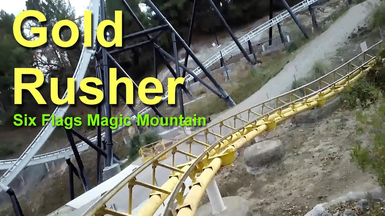 Six Flags Magic Mountain Gold Rusher Roller Coaster On Ride Front Seat HD POV