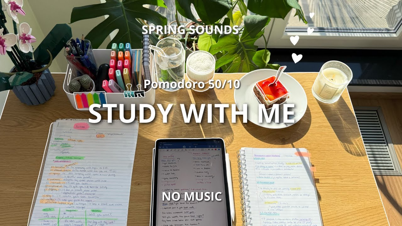 3 HOUR STUDY WITH ME, POMODORO 50/10, BACKGROUND NOISE (SPRING SOUNDS OF NATURE), NO MUSIC