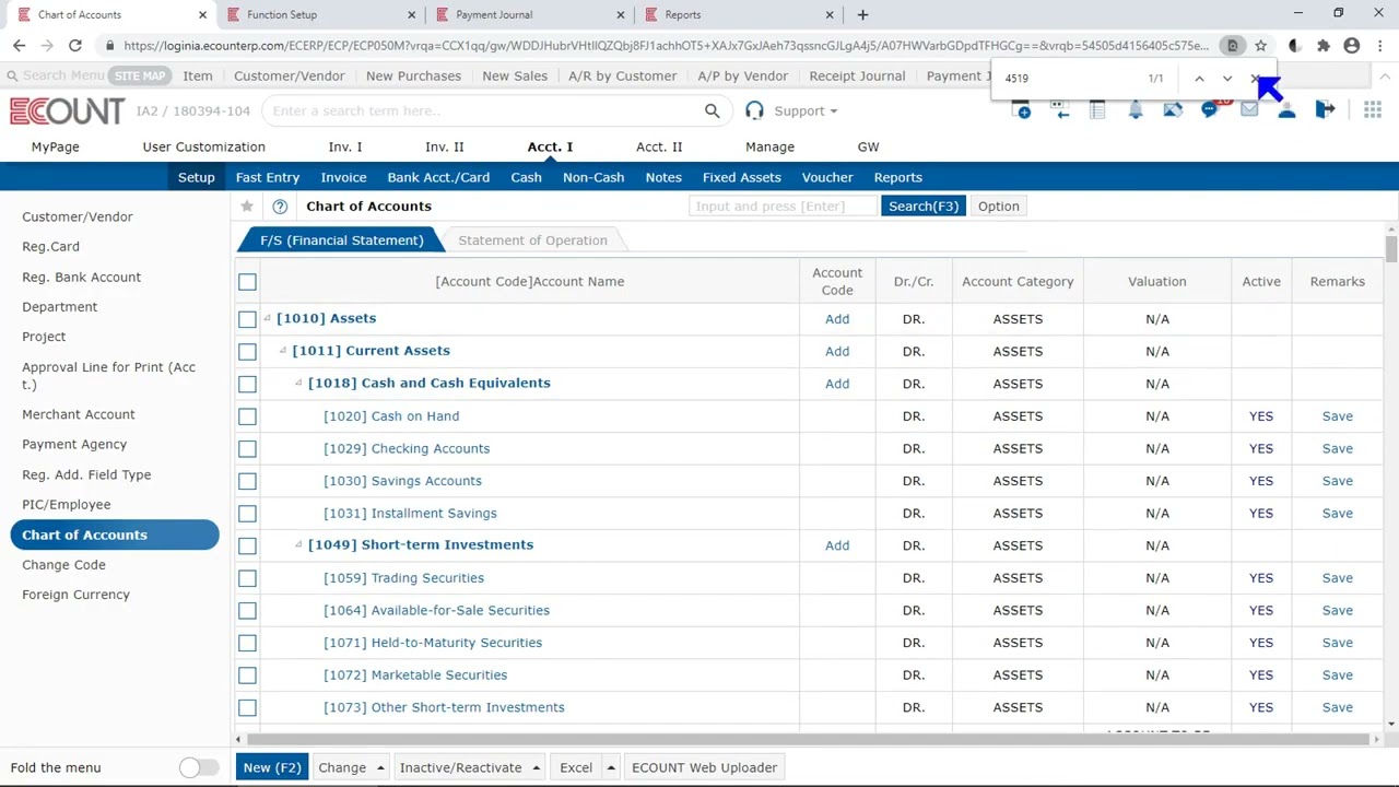 [ECOUNT Practice] Setup - Chart of Accounts - Reg. Account Code (Configuration)