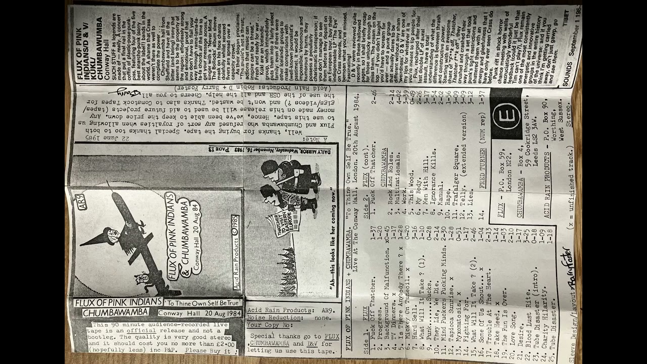 Flux Of Pink Indians & Chumbawamba – Conway Hall 20 Aug 84 (cassette)