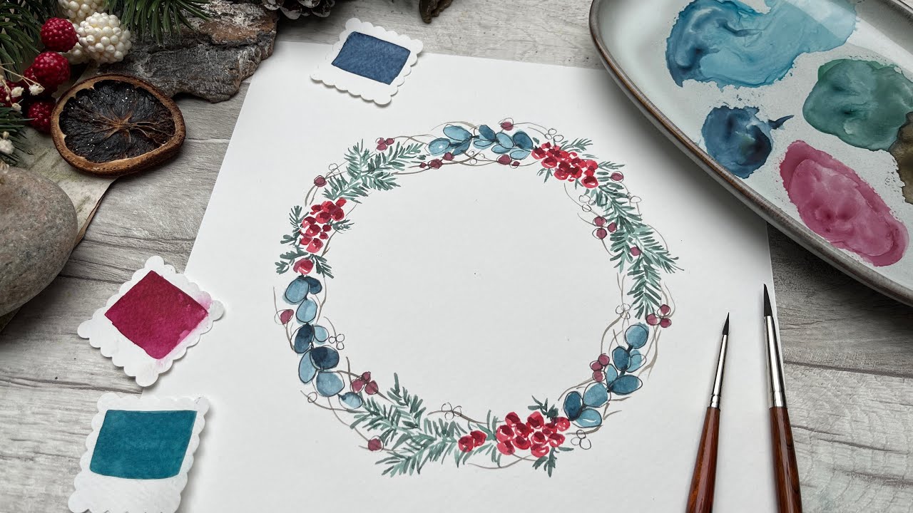 Aquarell malen / winterlicher Kranz / Erst Loose dann Sketch
