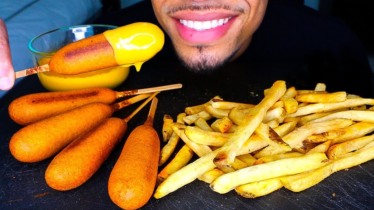 ASMR CORN DOGS WITH CHEESE AND FRENCH FRIES MUKBANG | CRISPY *BIG BITES* EATING SOUNDS | NO TALKING