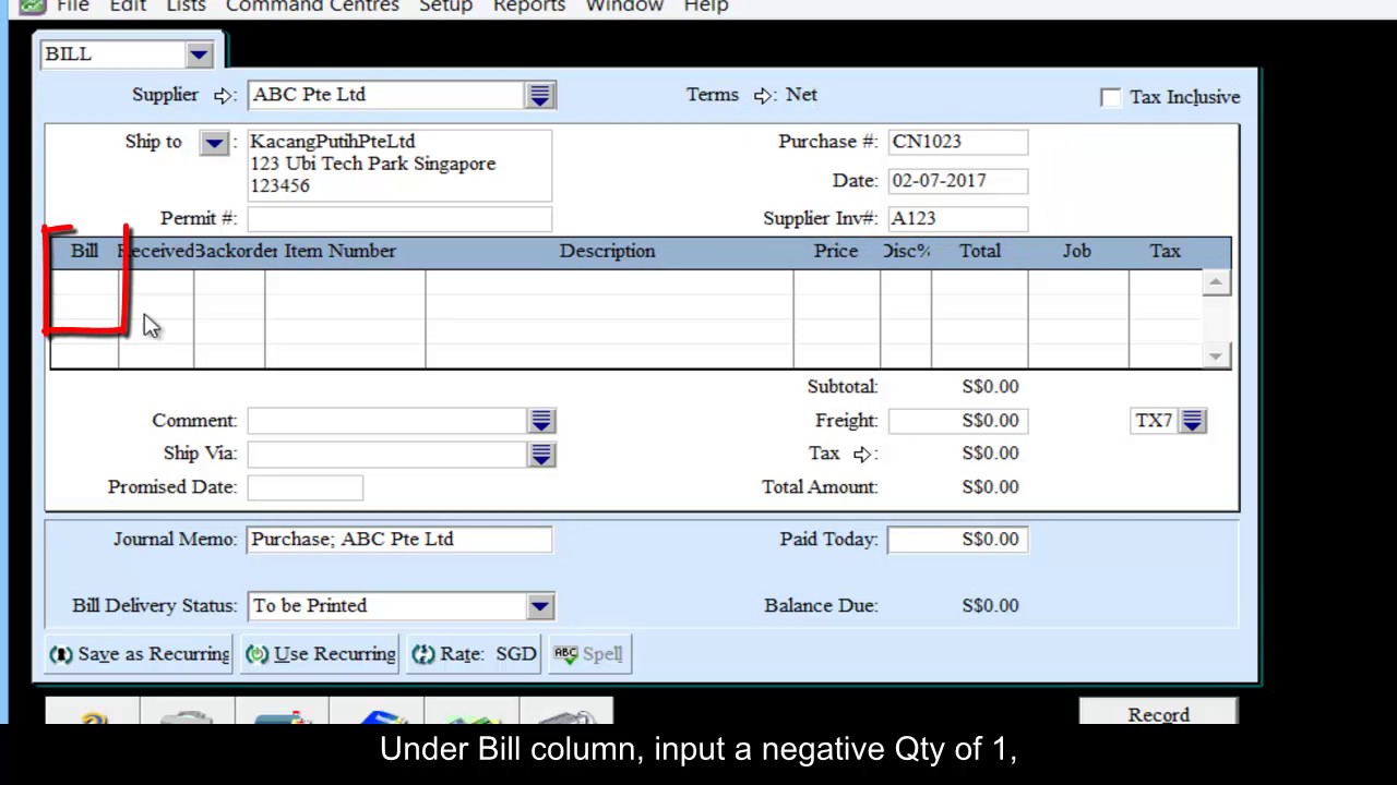 How to record supplier's credit note and apply to Open Bills