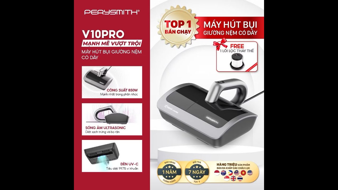 Máy Hút Bụi Giường Nệm PerySmith V10Pro Cầm Tay Hút Bụi Mịn Gọn Nhẹ Đèn Tia UV Diệt Khuẩn