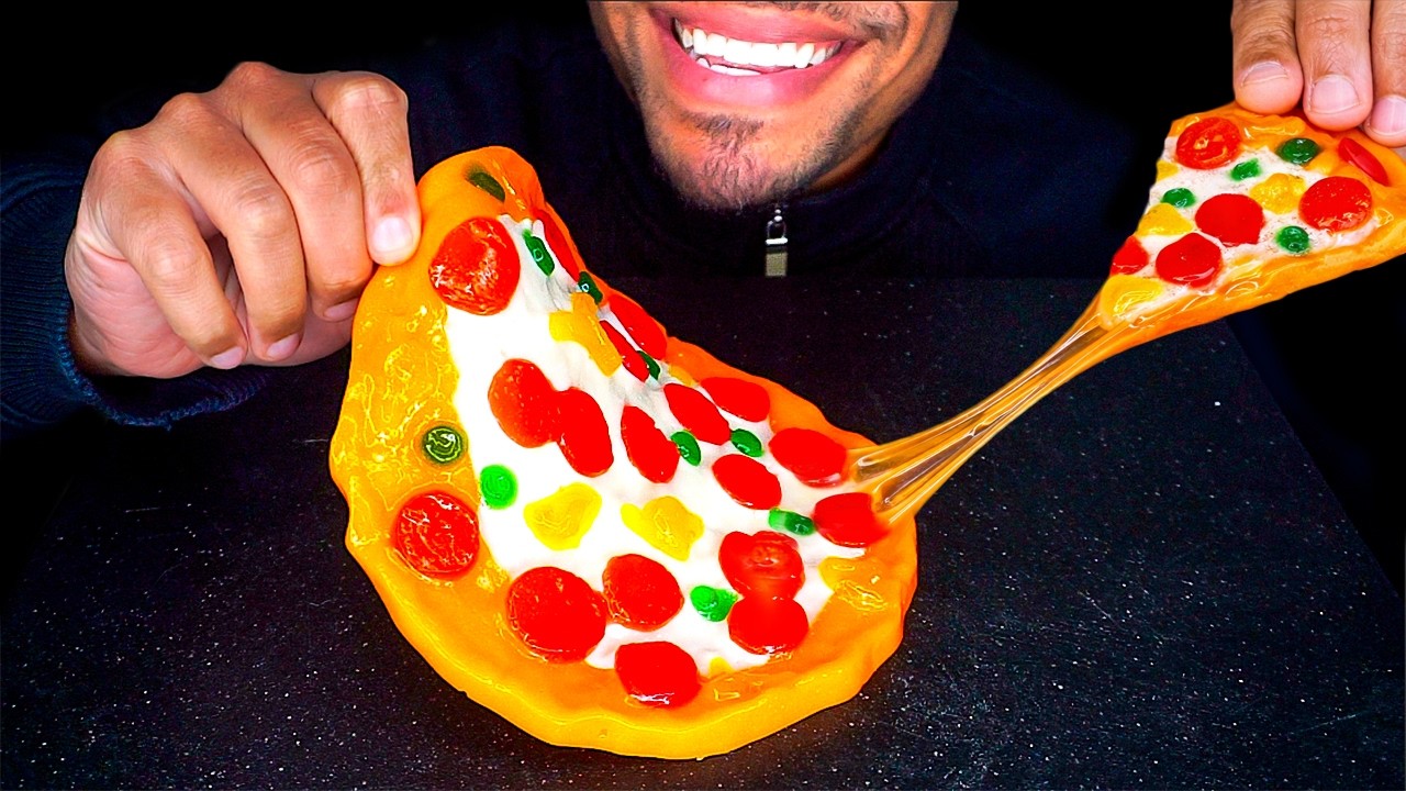 ASMR GIANT GUMMY PIZZA MUKBANG NO TALKING EATING SOUNDS CHEWY CANDY CHALLENGE JERRY
