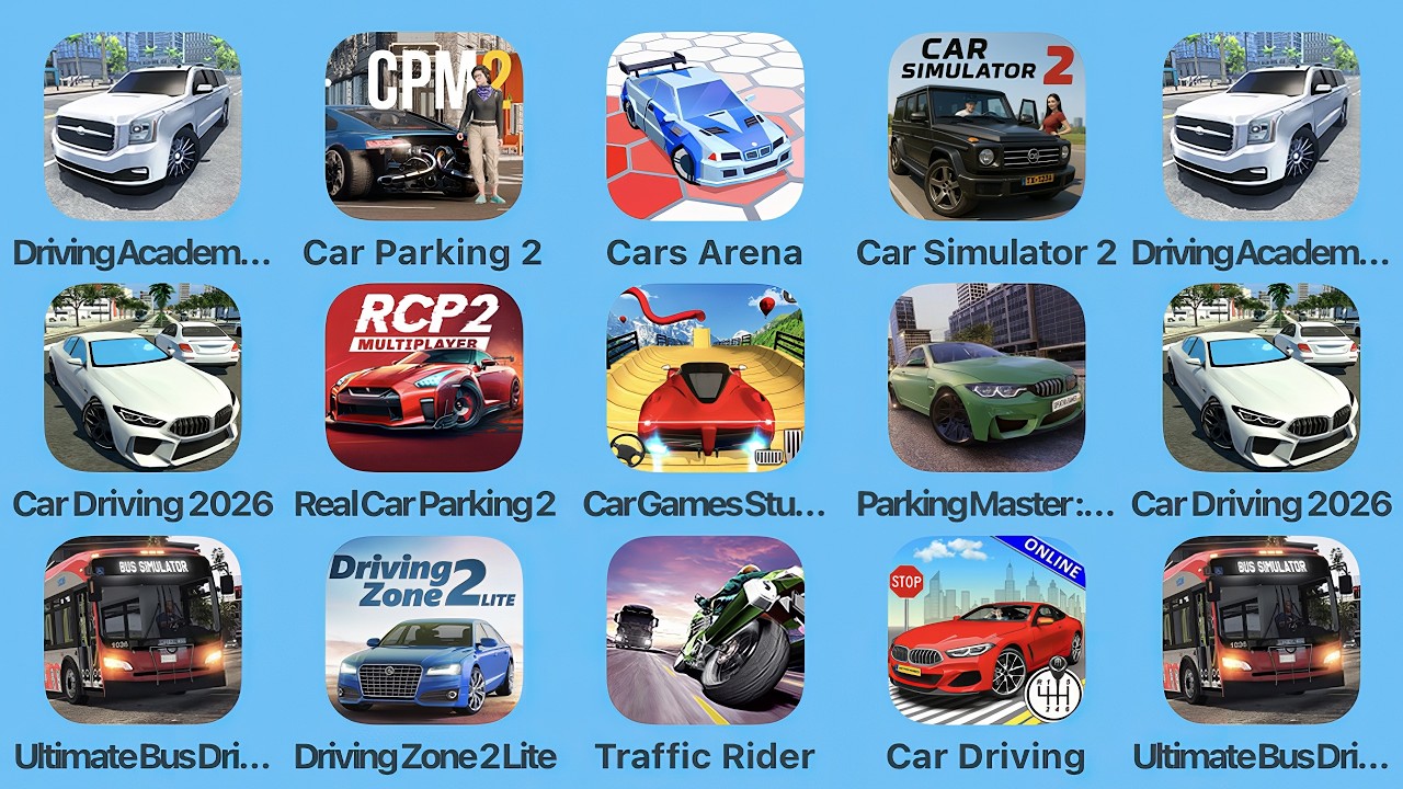 Driving Academy, Car Parking 2, Cars Arena, Car Simulator 2, Car Driving 2026, Real Car Parking