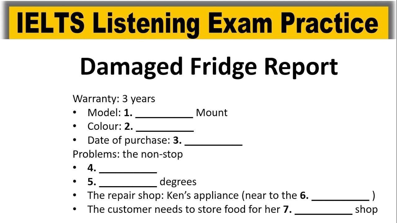 Damaged Fridge Report listening practice test 2026 with answers | IELTS Real Exam Listening