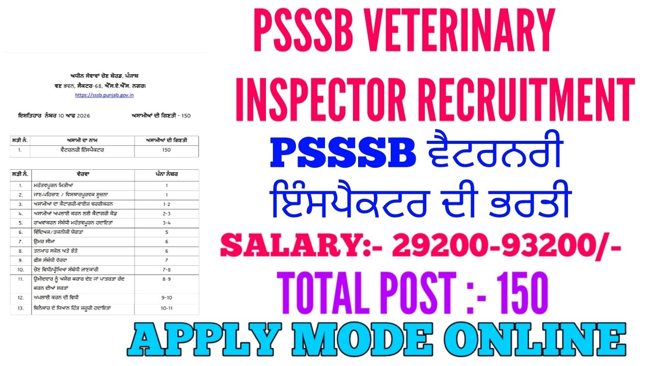 Psssb veterinary inspector recruitment 2026 | Psssb veterinary inspector bharti 2026