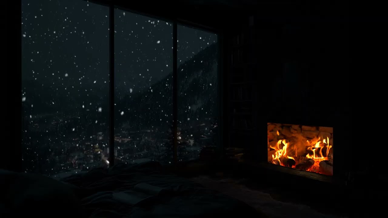 Fireplace Night Cabin Ambience  Heavy Snowfall, Warm Lights & Fireplace Sounds for Deep Sleep