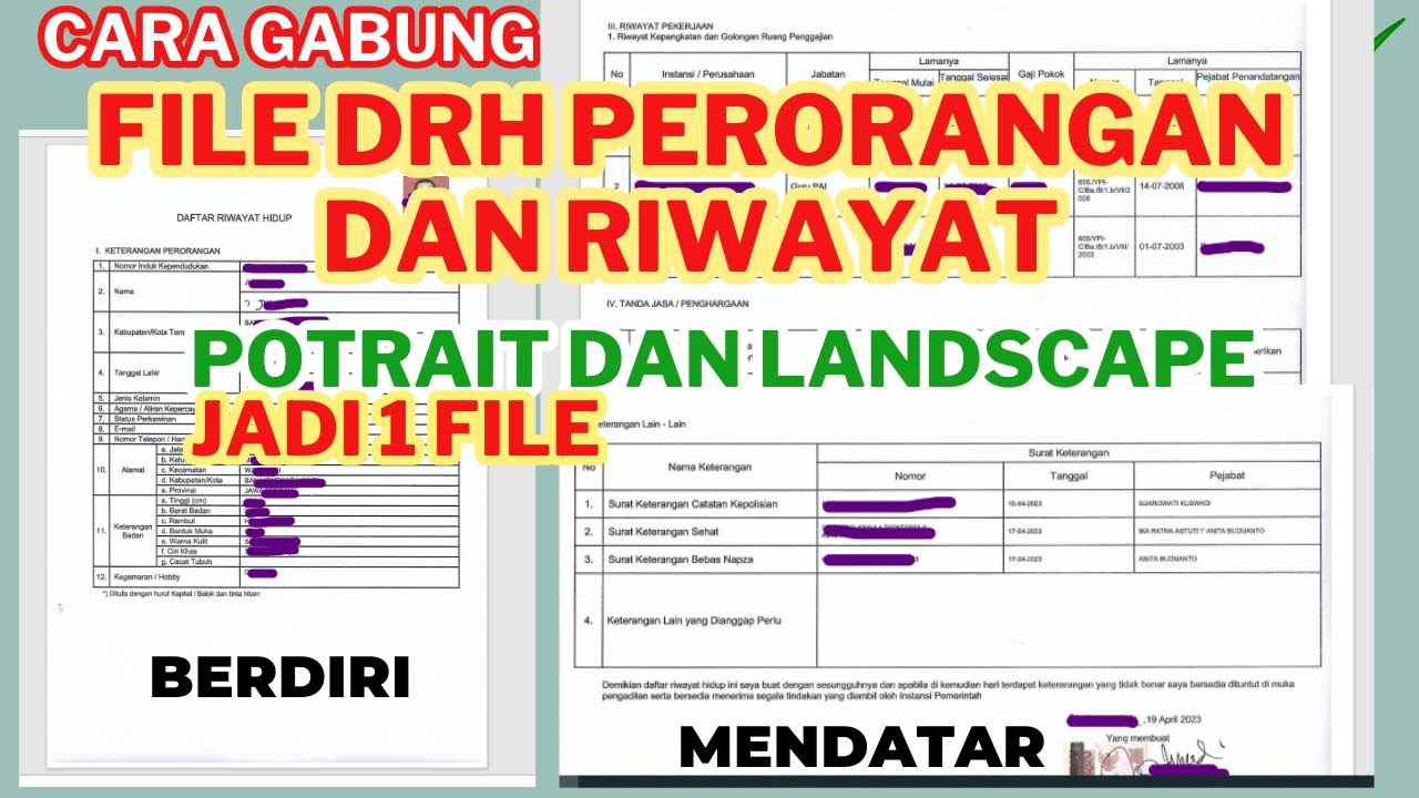 cara gabung drh perorangan dan riwayat 1 file, buat DRH potrait lancscape, vertikal horizontal