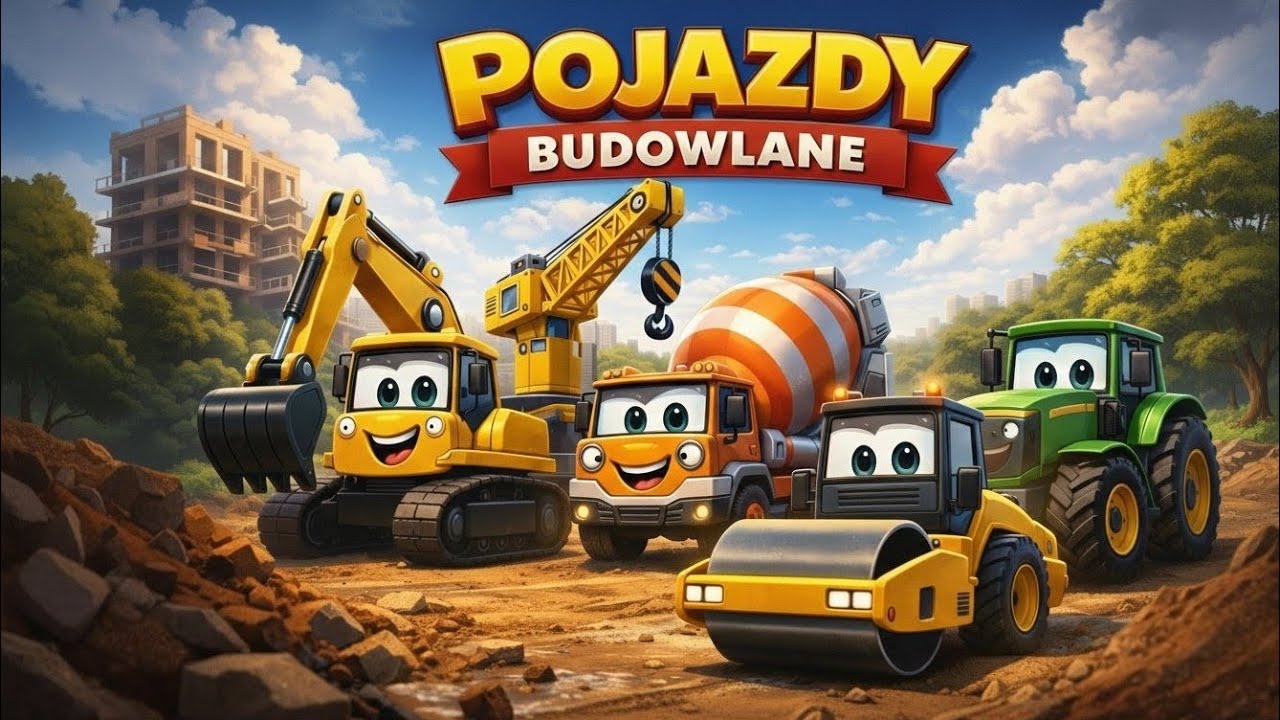 Maszyny budowlane &ndash; Koparka, Betoniarka, Dźwig, Spychacz, Walec i Wywrotka! 🚜 Piosenka dla dzieci
