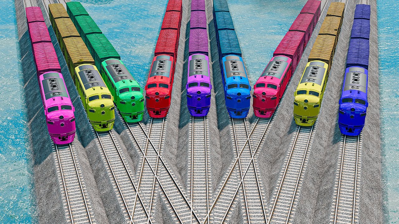 Triple Train Vs Colorful Quadruple Trains vs Impossible Rail Track Crossing Deepwater | BeamNG.drive