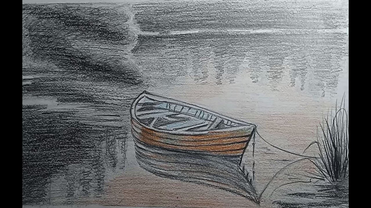 Comment dessiner en crayon un barque sur un lac calme /paysage maritime / couchait de soleil